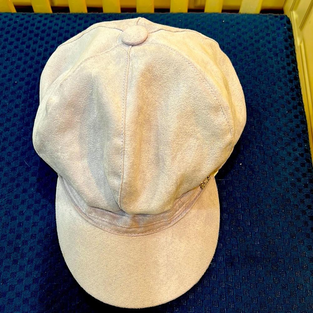 Light purple suede cap hat with purple satin like lining diamond accent buckle